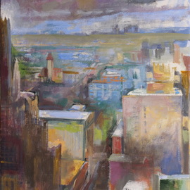 Martha Hayden: 'sixth street st louis', 2019 Oil Painting, Urban. Artist Description: On 6th Street in St.  Louis, on this wintery, late afternoon, clouds are coming in.  You can see down into the street as well as out toward lighter colored building and green fields in the distance.  Fewer value changes in the distance, a light middle ground and darker, ...