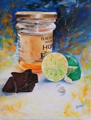 Martin Budden: 'honey and lime', 2019 Oil Painting, Still Life. oil on canvas. Giving a brighter version of a still life with combination of palette knife and brush. ...
