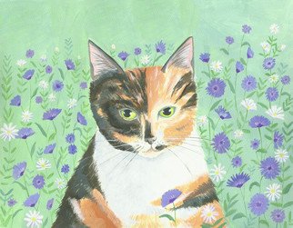 Mary Stubberfield: 'calico cat', 2017 Acrylic Painting, Cats. A beautiful calico cat in her garden with cornflowers and daisies. Aquafine watercolour paper 300gsm mounted onto white board. ...