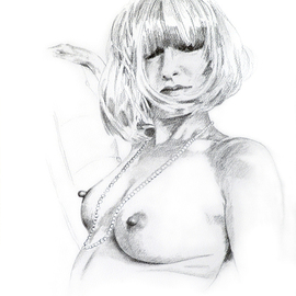 Giorgio Verona Artwork Pearl Necklace, 2013 Pencil Drawing, Erotic