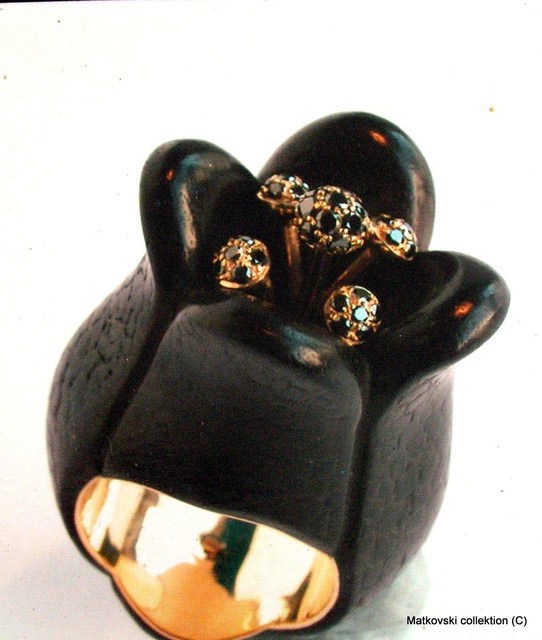 Bezalel Matkovsky  'Very Unique Author Ring Black Tulip Handmade 18K Gold Ebony Black Diamonds', created in 2010, Original Jewelry.