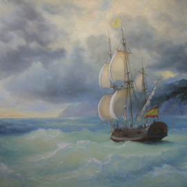 Yuriy Matrosov: 'along the coast', 2017 Oil Painting, Seascape. Artist Description: Painting Oil on Canvas.  This picture was inspired by an exhibition of the famous marine artist Ivan Aivazovsky, which I recently visited in the State Russian Museum in Saint- Petersburg.In this painting I applied many layers of color to create a transparent quality for showing the play ...