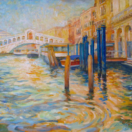 Yuriy Matrosov: 'golden venice', 2019 Oil Painting, Architecture. Artist Description: This artwork depicting the Rialto bridge in Venice.  For this painting, I applied several layers of paint to the canvas in classic oil painting technique.  I used a strong light and heavy shadows to create depth in a painting and a centre of interest.  Hanging hardware is included. ...