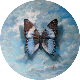Yuriy Matrosov: 'sky dream', 2019 Oil Painting, Nature. Artist Description: Sky dream is the round picture with a diameter of 19. 7 inches.  This is the first picture from a series of round pictures with butterflies.  The color scheme in which the paintings are made is chosen in such a way that the paintings fit perfectly into the ...