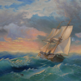 Yuriy Matrosov: 'sunset at sea', 2016 Oil Painting, Seascape. Artist Description: Painting Oil on Canvas.  This painting of the sea sunset was inspired by an exhibition of the famous marine artist Ivan Aivazovsky, which I recently visited in the State Russian Museum in Saint- Petersburg.Multi colored and warm sky of sunset - is sort of calming.  Most people have ...