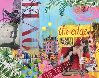Maria Burgaz: 'over the edge', 2021 Collage, Abstract Figurative. Exceeding the limits, the established edges, is a fine line that cannot be seen but we know where it is.  On the left, the first Spanish woman who crossed the Strait of Gibraltar and the English Channel against all oddson the right a pin- up girl, who today we would ...