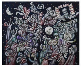 Melita Kraus: 'Wise people of Chelm 1', 2016 Tempera Painting, Judaic. Judaic art depicting a scene from famous Jewish folk stories about wise people of Chelm catching the Moon in the barrel. Often compared to Chagall school of painting. ...