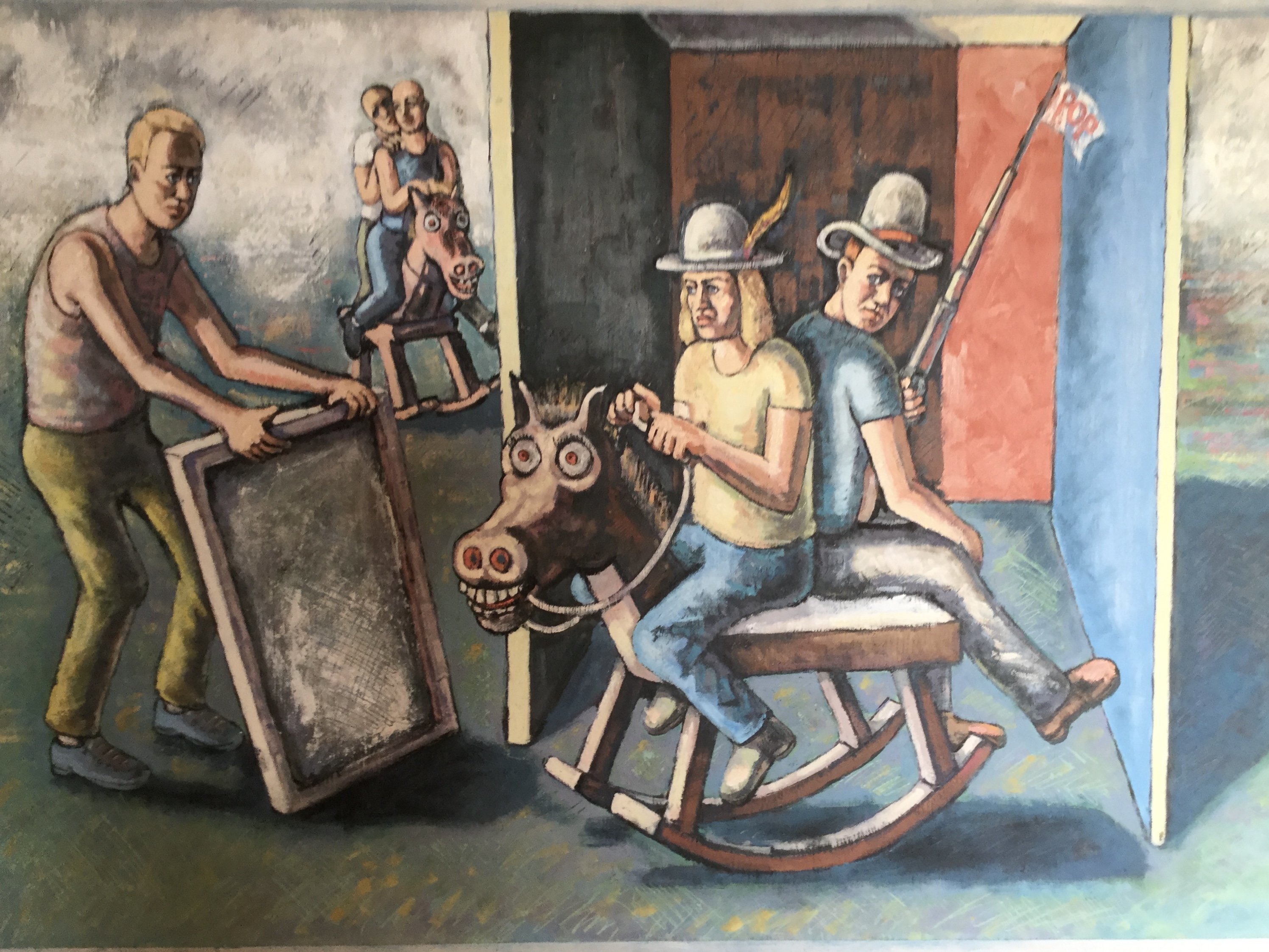 Michael Fornadley: 'Cowboys on crazy horse', 2019 Oil Painting, Political. Literary illusions, 2 cowboys on crazy horse with rocker base, man holding a canvas or mirror, Fog coming in behind 2 distant riders.Compositional walls, leading the eye and confining the center figures. ...