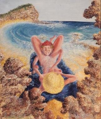 Micha Nussinov: 'On the beach', 2004 Oil Painting, Fantasy. An ambigious interaction between male and female. All alone on  the beach as the waves washes over skin. Surrounded by textured rocks that creats a sense of encloser.  ...