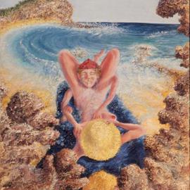 Micha Nussinov: 'On the beach', 2004 Oil Painting, Fantasy. Artist Description: An ambigious interaction between male and female. All alone on  the beach as the waves washes over skin. Surrounded by textured rocks that creats a sense of encloser.  ...