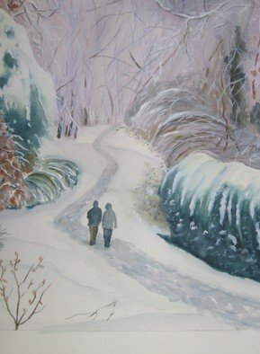Michael Navascues: 'After the Snow', 2011 Watercolor, Landscape. Artist Description:    Watercolor of snow- covered landscape with two people strolling. ...