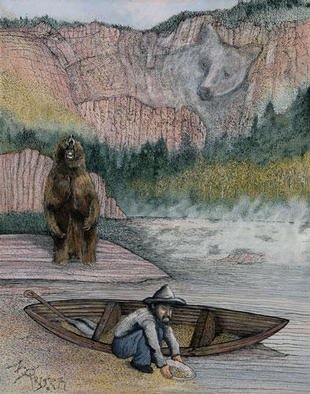 Michael Rusch: 'Prospector and the Bear', 2001 Mixed Media, Americana. Artist Description: Originally published on the cover of Backwoodsman, this painting was altered afterward to include bear imagery in background. This painting is also available in various open series print forms and can be handsigned by artist for an additional handling fee....