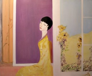 Michela Curtis: 'Femme en Jaune', 2005 Oil Painting, Meditation.  The yellow blooms lean toward her as her perfume fills the air.   Michela ...