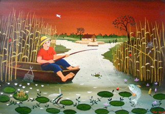 Mihai Dascalu: 'fishing', 2007 Oil Painting, Naive. Artist Description:  fishing ...