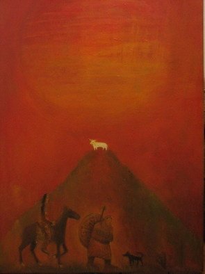Sinisa Mihajlovic: 'white taurus', 2007 Oil Painting, Biblical.  two warriors and a dog beneath the mountains. . .pilgrim and heroic theme...