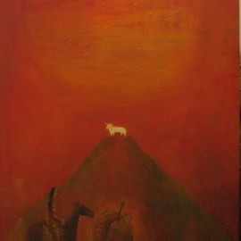 Sinisa Mihajlovic: 'white taurus', 2007 Oil Painting, Biblical. Artist Description:  two warriors and a dog beneath the mountains. . .pilgrim and heroic theme...