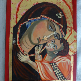 Milena Pramatarova: 'Mother Mary with Christ', 2015 Gouache Drawing, Religious. Artist Description:  Mother Mary with Christ, icon, 38 x 25. 5 cm. materials: wood, tempera ...