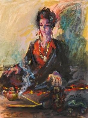 Mitzi Lai: 'Hummmmm', 2012 Oil Painting, Figurative.      Oil Painting, female, praying, blessing, religious, Buddhism, Buddha, peace, Mitzi Lai, moody painting, illusion, girl sitting   ...