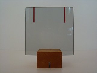 Mrs. Mathew Sumich: 'Glass With Red Lines', 2009 Glass Sculpture, Minimalism.  smoke glass with applied red adhesive, on wooden base, for table top  ...