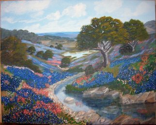 Michael Slattery: 'Valley So Blue', 2008 Oil Painting, Landscape.  Bluebonnets in a valley in the hill country of Texas. ...