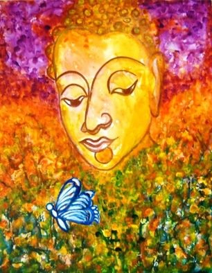 Manjiri Kanvinde: 'A Soulful Journey', 2009 Acrylic Painting, Abstract Landscape.  A spiritual painting depicting Buddha. The beautiful butterfly denotes a path towards life. . . . a new beginning.Title: A Soulful Journey.Medium: Acrylic on Yupo paper.Size: 14 x 11YUPO is ta state of the art synthetic material offering all the attributes of the highest quality papers and added benifit...