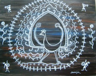 Artist: Manjiri Kanvinde - Title: Warli Peacock painting - Medium: Acrylic Painting - Year: 2012