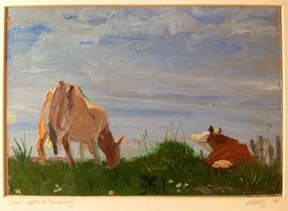 Michelle Mendez: 'Cpws Grazing Iona', 1994 Oil Painting, Animals.     Landscape   Isle of Iona, Scotland  oil on primed Rives BFK paper, matted       ...