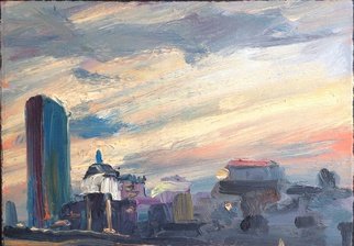Michelle Mendez: 'John Hancock at Dusk', 1993 Oil Painting, Cityscape. Boston, night, oil sketch skyline study, roof top view from south Boston Fort Point Artist community, oil on primed Rives BFK paper mounted on masonite, stripping stained mahogany, ready to hang     ...