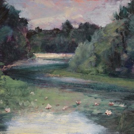 Michelle Mendez: 'Lily Pond August Mist', 2011 Oil Painting, Landscape. Artist Description:    Oil on masonite board, Dedham, MA ...