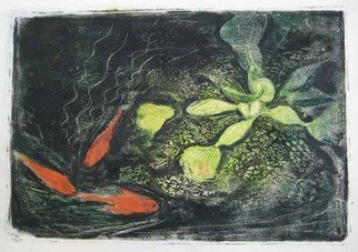 Michelle Mendez: 'Water Hyacinth 3 Goldfish', 2008 Monoprint, Botanical. 3 goldfish and water hyacinth from sketches done at the Wellesley College greenhouse, printed on rice paper, 1 print only, inspired by Asian printmaking theme...