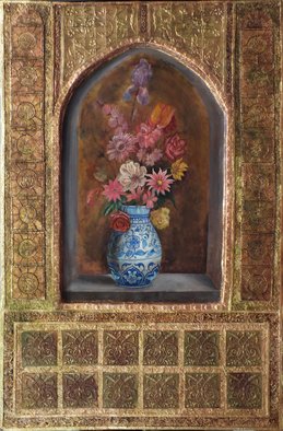 Mohammad Khazaei: 'vase and flowers', 2014 Other Painting, Floral. gold leaf, Persian painting, emboss, floral, flower, gilding...