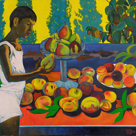 Moesey Li: 'A boy with a pear', 1993 Oil Painting, Children. Artist Description: realism, genre painting, boy, table, peaches, pears...