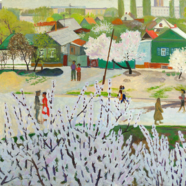 Moesey Li: 'A day in May', 1980 Oil Painting, Seasons. Artist Description: realism, landscape, spring, trees, people, May, day...
