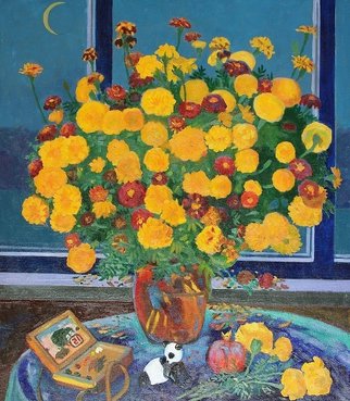 Moesey Li: 'Autumn bouquet', 1995 Oil Painting, Floral. realism, still life, flowers, table, pomegranate, toy, window, moon...