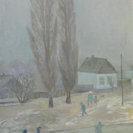 Moesey Li: 'Bad weather', 1998 Oil Painting, Seasons. Artist Description: realism, landscape, bad weather, poplar, house, people...