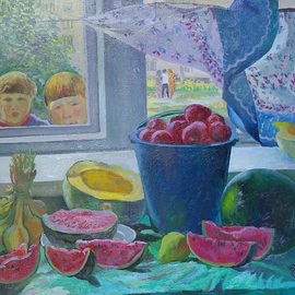 Moesey Li: 'Curiosity', 1985 Oil Painting, Children. Artist Description: realism, genre painting, curiosity, children, tomatoes, watermelon...