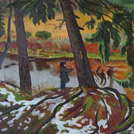 Moesey Li: 'Early snow', 1983 Oil Painting, Children. Artist Description: realism, genre painting, snow, boy, squirrel, river, trees, meadow...