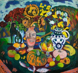 Moesey Li: 'Fantasy still life', 2014 Oil Painting, Still Life. realism, still life, flowers, vase, fish, bananas, pumpkins, pears, peaches...