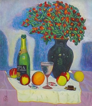 Moesey Li: 'Festive table', 1992 Oil Painting, Floral. realism, still life, table, candies, champagne, flowers...