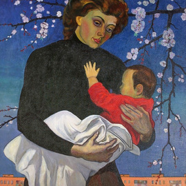 Moesey Li: 'Motherhood', 1993 Oil Painting, Family. Artist Description: realism, genre painting, mother, baby, tree, building...