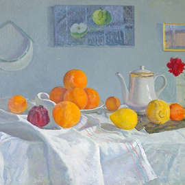 Moesey Li: 'Oranges', 1980 Oil Painting, Food. Artist Description: realism, still life, oranges, lemons, pomegranate, flower, teapot...