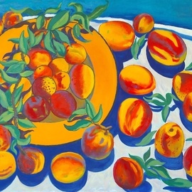 Moesey Li: 'Peaches', 1995 Oil Painting, Food. Artist Description: realism, still life, peaches, leaves, plate, tablecloth...