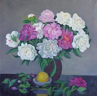Moesey Li: 'Peonies and a lemon', 1993 Oil Painting, Floral. realism, still life, peonies, lemon, table, vase...