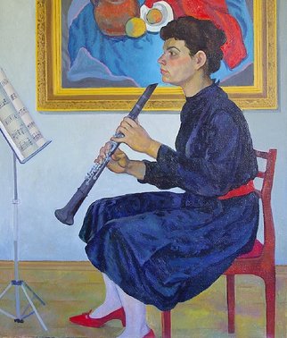 Moesey Li: 'Repetition', 1983 Oil Painting, Music. realism, genre painting, repetition, woman, musician, notes...