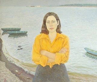 Moesey Li: 'Volzhanka', 1979 Oil Painting, Portrait. realism, woman, river, Volga, boat...
