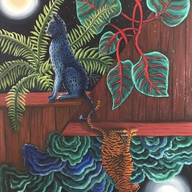 Monica Puryear: 'duo', 2019 Oil Painting, Cats. Artist Description: This piece depicts two cats who seem to be at different levels and yet are attached by their tails. ...