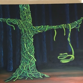 Monica Puryear: 'serpent tree', 2019 Oil Painting, Animals. Artist Description: This is my version of vines wrapped around trees, only they are snakes. ...