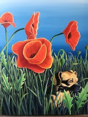 Monica Puryear: 'zoey and the giant poppies', 2019 Oil Painting, Animals. This depicts my dog, Zoey, and some rather large poppies that bloom in this area. ...