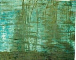 Guy Octaaf Moreaux: 'Reeds', 1996 , nature. Acrylic and oil paint on hardboard.Reflections in the water on a late afternoon, it facinates me....