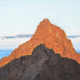 Guy Octaaf Moreaux: 'sunrise on mount kenya', 2020 Oil Painting, Nature. Artist Description: 6. 30 am, the sun rose above the horizon 5 minutes ago.  Looking west you see the highest peak of Mount Kenya, Kirinyaga in Gikuyu.  For the Gikuyu people it is a holy mountain, the abode of Ngai, the supreme creator.This view is seen from Point Lenata, ...